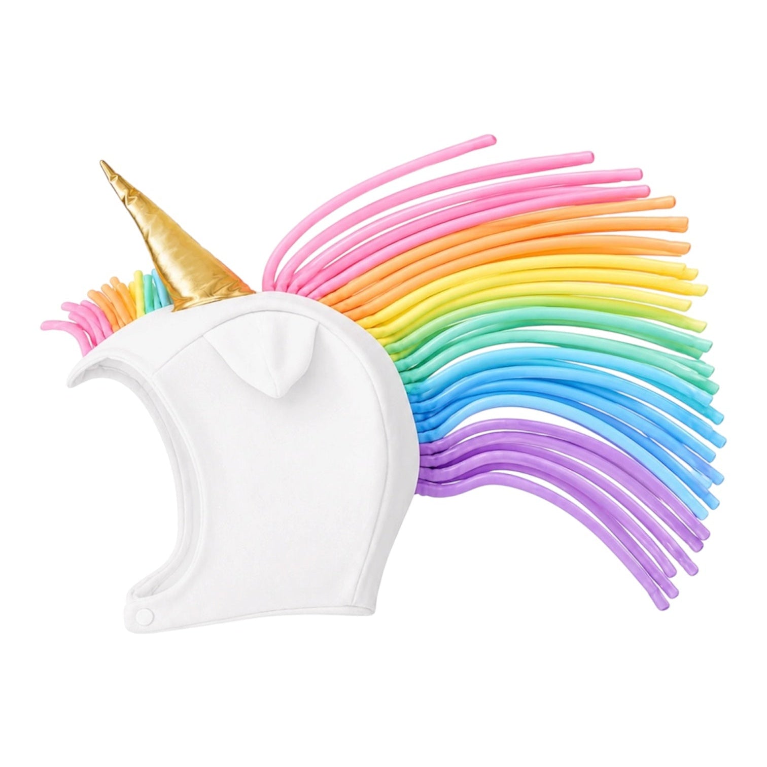 White unicorn hat with rainbow mane and golden horn, handmade in California from recycled cotton