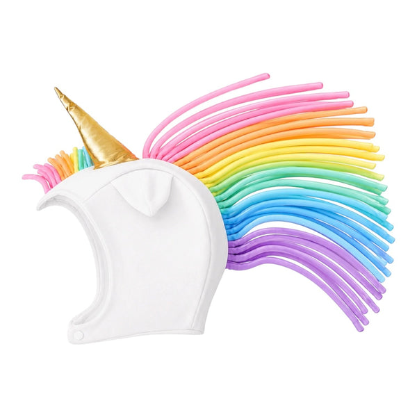 White unicorn hat with rainbow mane and golden horn, handmade in California from recycled cotton