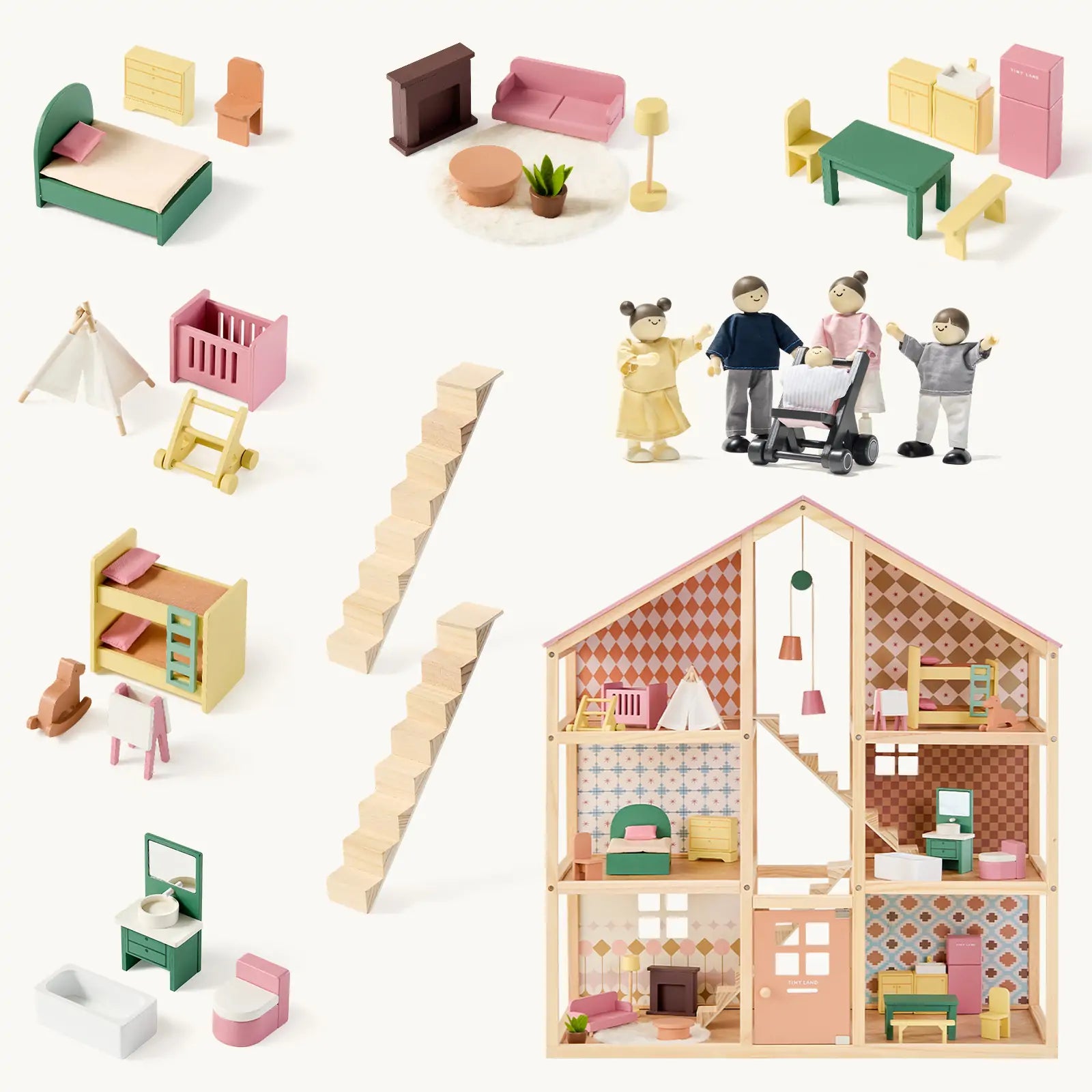 Set of wooden dolls' house with furniture and figures on a white background