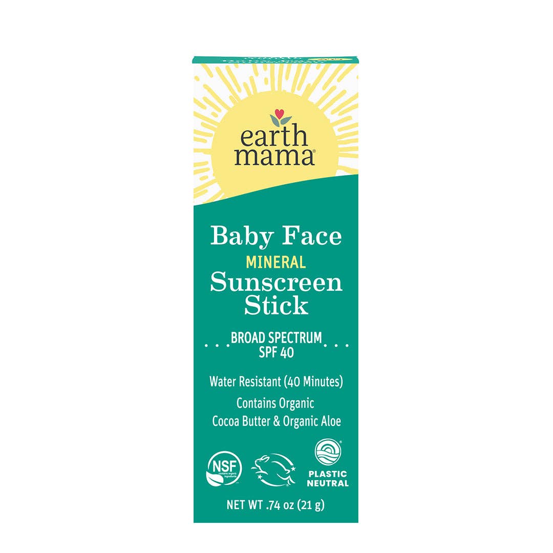 Earth Mama mineral sunscreen stick ingredients and certifications — NSF Organic, Plastic Neutral, cruelty-free