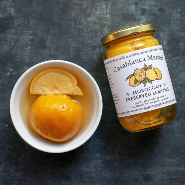 Casablanca Market preserved lemons label showing single-origin Taroudant, Morocco sourcing
