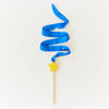 Blue ribbon on a stick with a yellow star against a white background