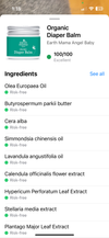 Product details of Organic Diaper Balm with Earth Mama Angel Baby branding, including ingredients list. Yuka application notation 100/100 diaper balm