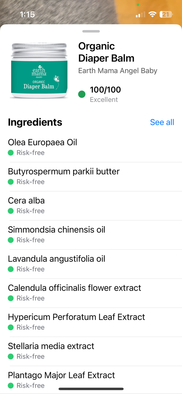 Product details of Organic Diaper Balm with Earth Mama Angel Baby branding, including ingredients list. Yuka application notation 100/100 diaper balm