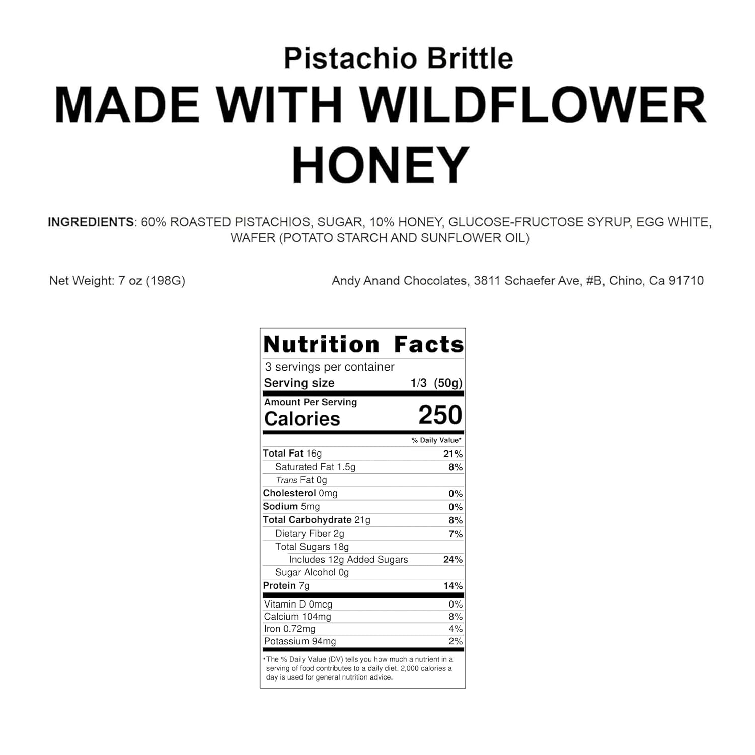 Nutrition label for pistachio brittle made with wildflower honey on a white background