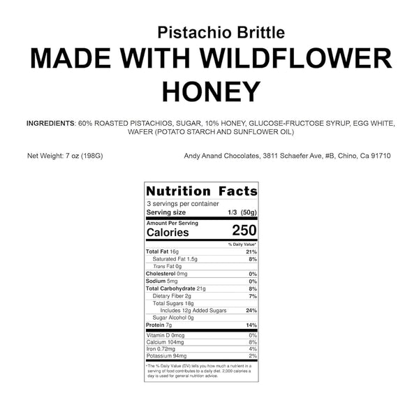 Nutrition label for pistachio brittle made with wildflower honey on a white background