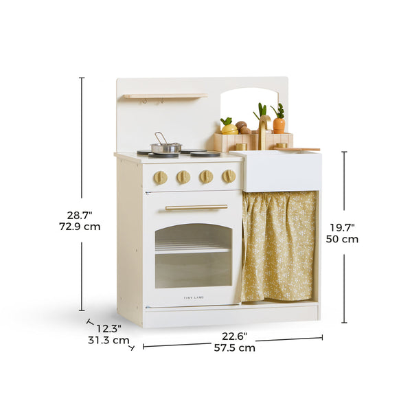 Children's play kitchen set with measurements on a white background