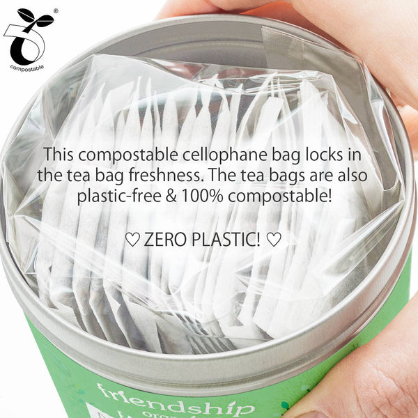 Plastic-free abacá tea sachets for Moroccan Mint Green Tea by Friendship Organics