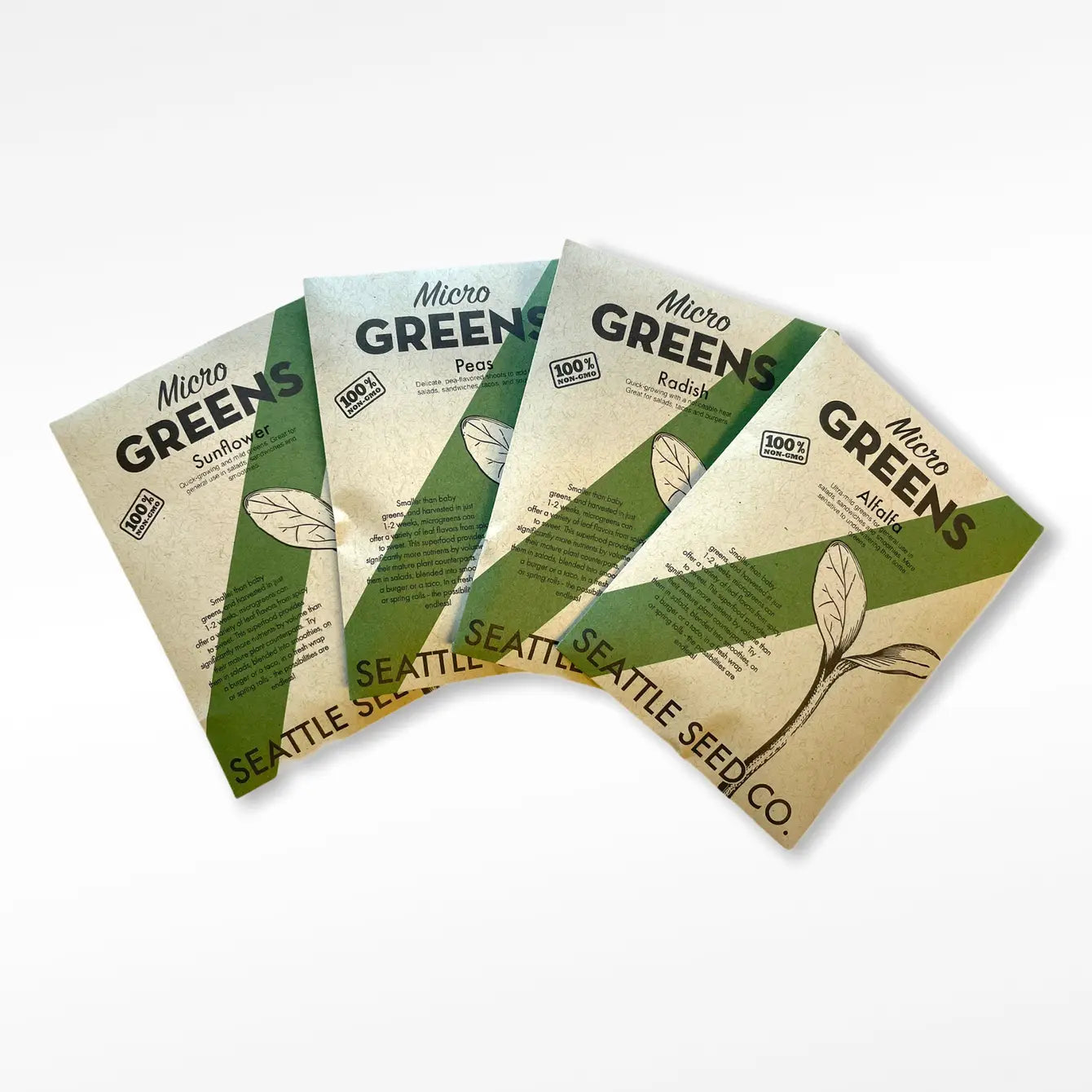 Non-GMO microgreens sampler seeds displayed together, grown at home for fresh harvests