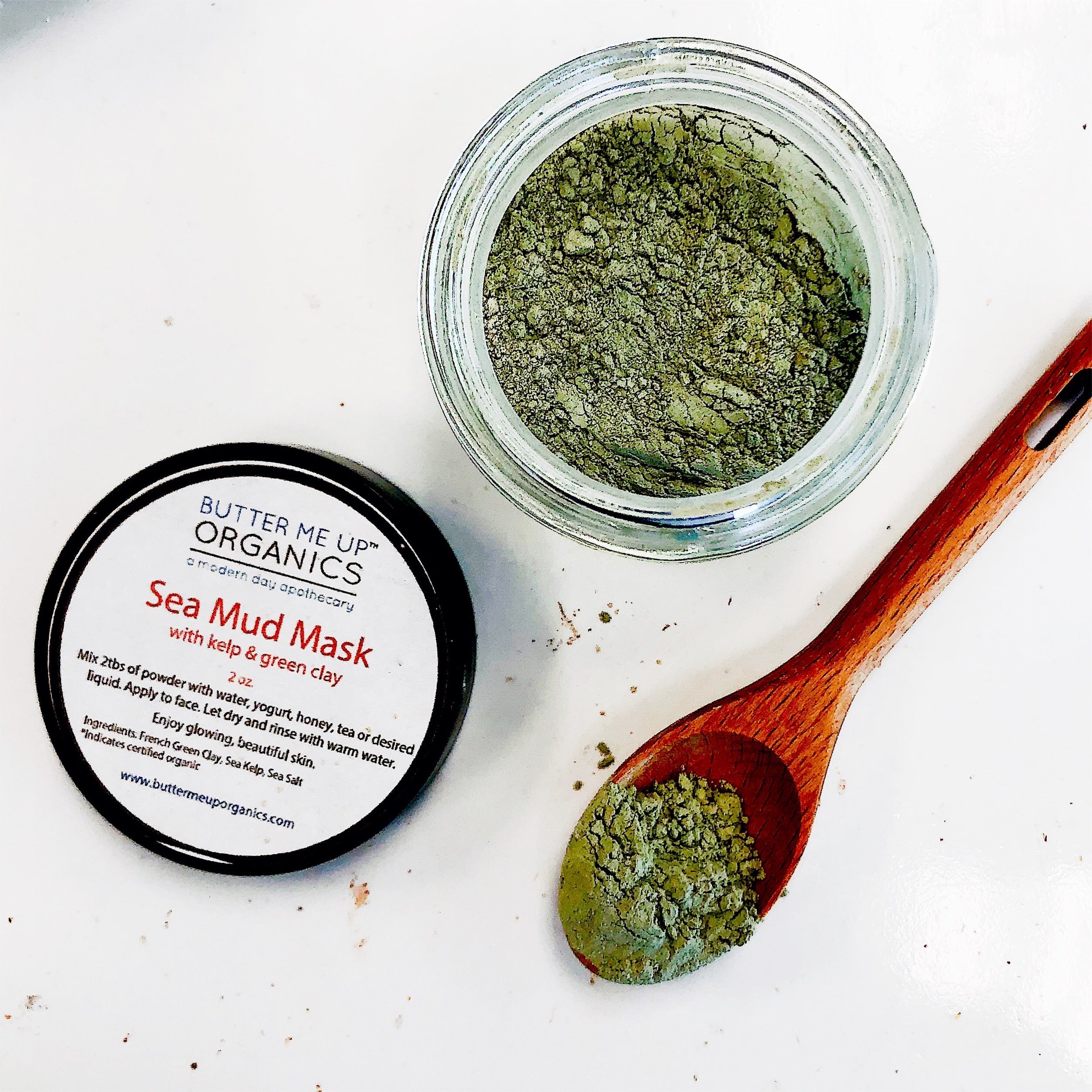 Butter Me Up Organics Sea Mud Face Mask jar with organic ingredients and eco-friendly label