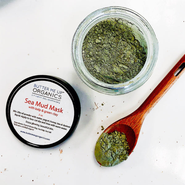 Butter Me Up Organics Sea Mud Face Mask jar with organic ingredients and eco-friendly label