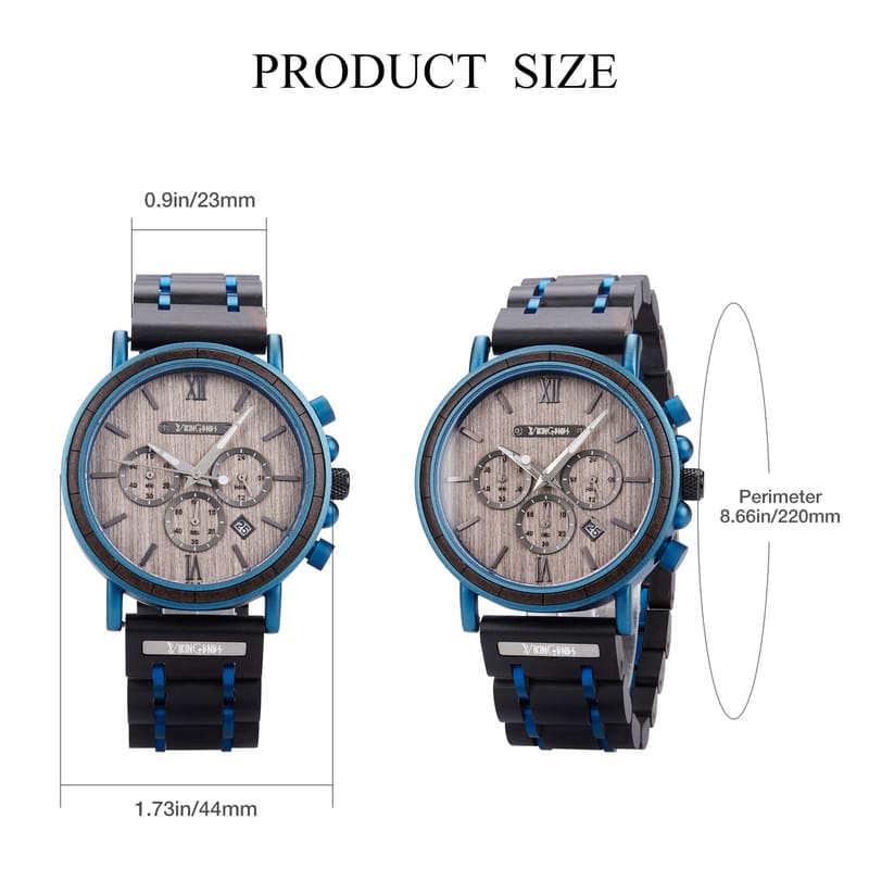 Wristwatch with blue accents and measurement details on a white background