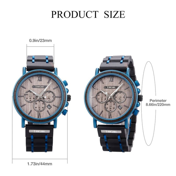 Wristwatch with blue accents and measurement details on a white background