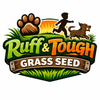 Logo for Ruff & Tough Grass Seed featuring a paw print, grass, and a dog playing with a ball.
