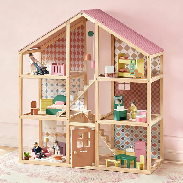 Sweetwood Pegasus dollhouse shown with its wooden furniture and family dolls