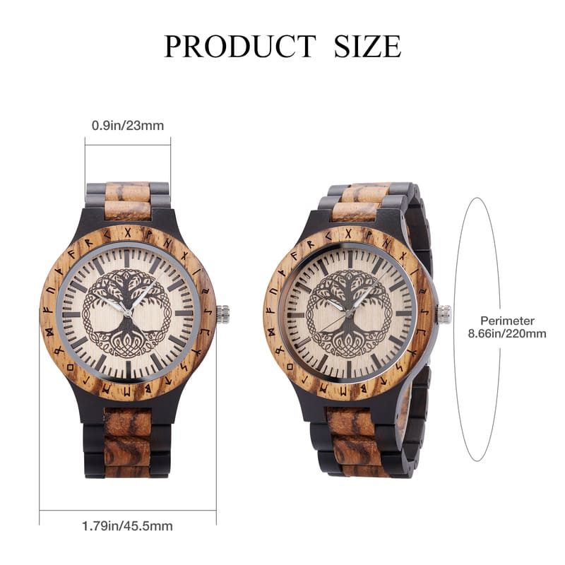 Wooden watch with tree of life design and size measurements on a white background