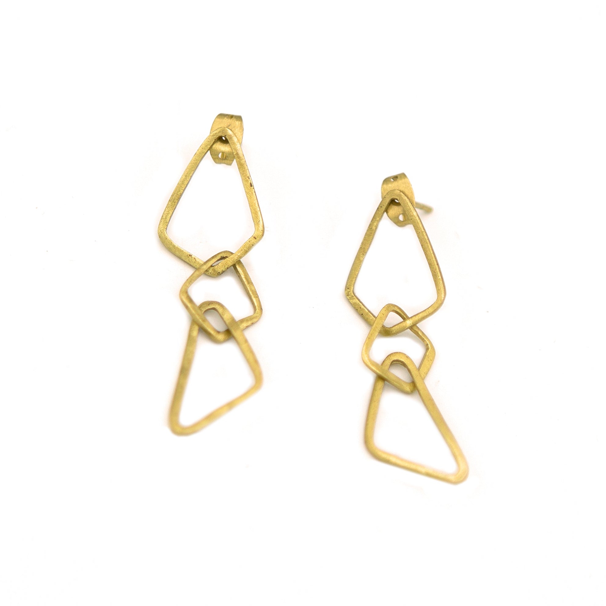 Geometric dangle brass earrings handcrafted from recycled brass by women artisans in India — Fair Anita