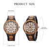 Wooden watch with measurement details on a white background