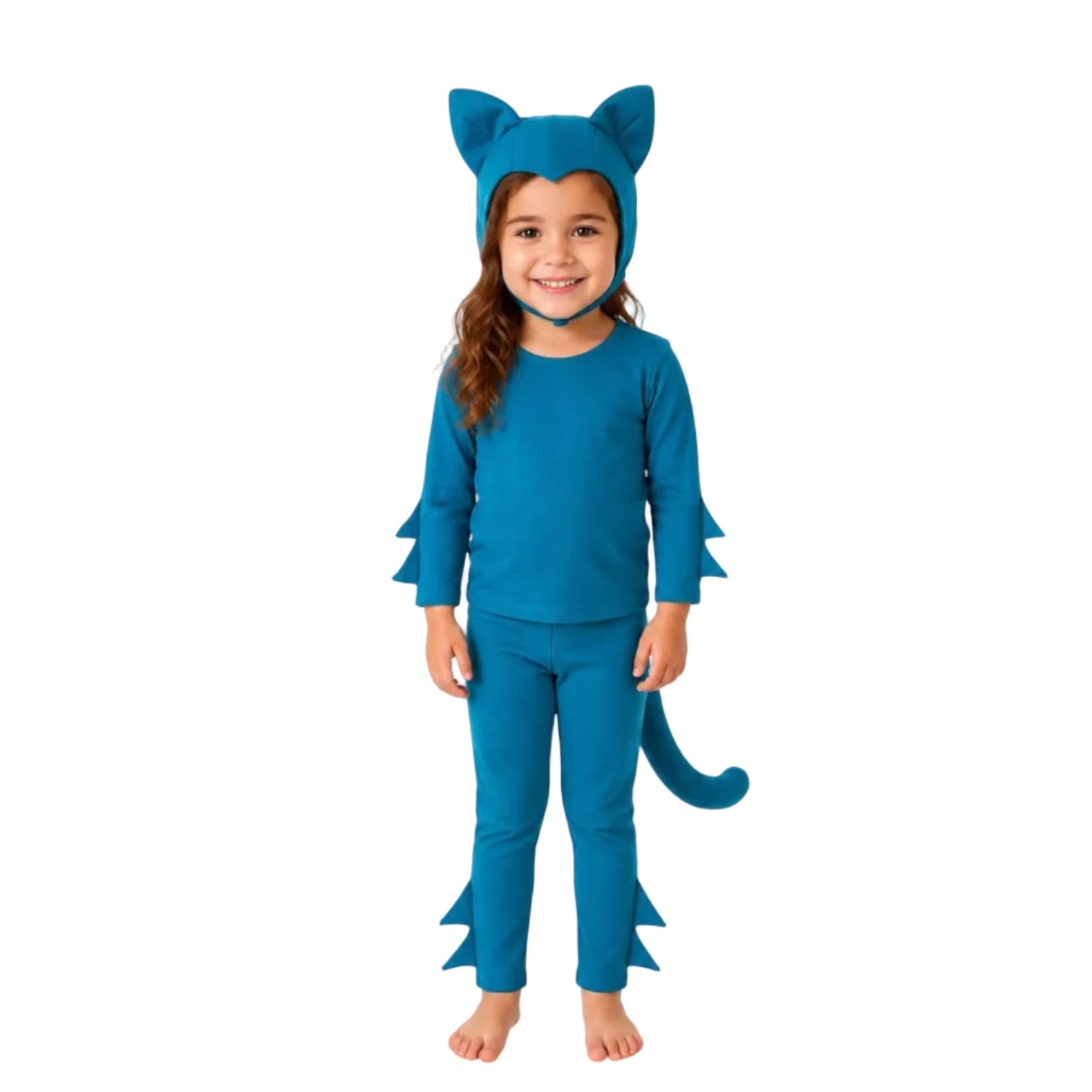 Child wearing the Blue Cat Pajama Costume with ears and tail