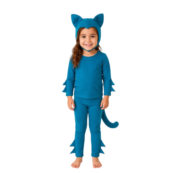 Child wearing the Blue Cat Pajama Costume with ears and tail