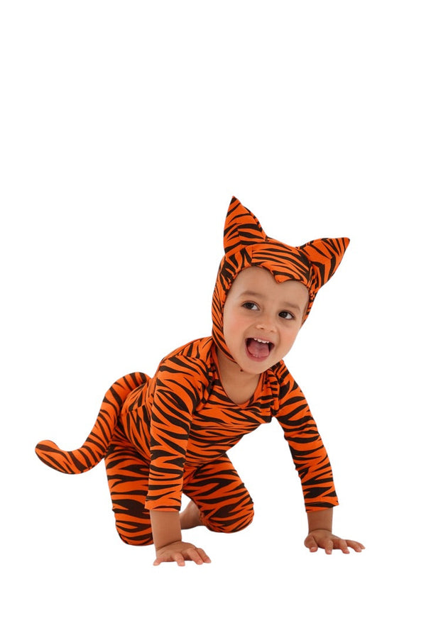 Child wearing a tiger-striped costume on a white background