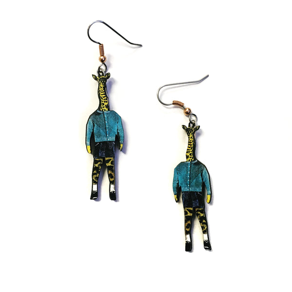 Giraffe Boy Earrings: Eco-friendly, recycled wood, handmade in USA. Whimsical animal jewelry. Shop now!  pen_spark