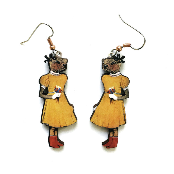 Otter Girl Earrings - Eco-friendly, Recycled Wood, Handmade in USA. Adorable otter design, hypoallergenic, perfect for animal lovers! Shop now!  pen_spark