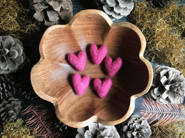 Set of five felted wool hearts in Wild Rose Pink
