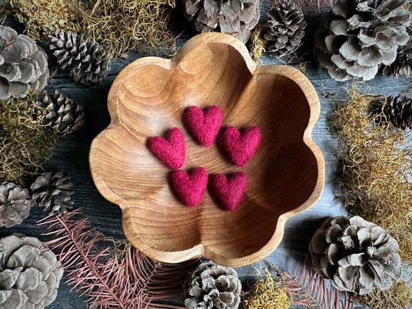 Set of five Marionberry Red felted wool hearts by House of Moss