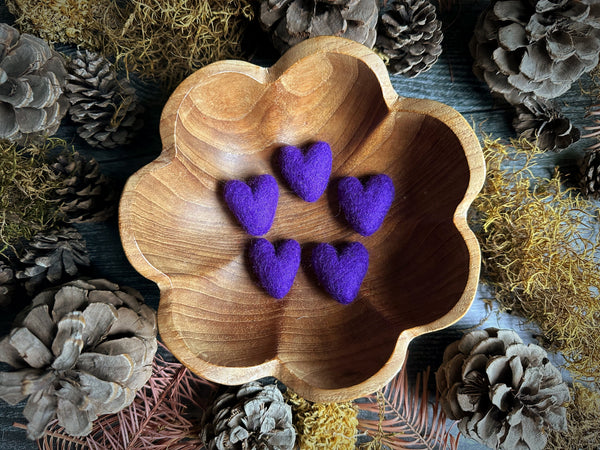 Set of five violet purple needle-felted wool hearts by House of Moss