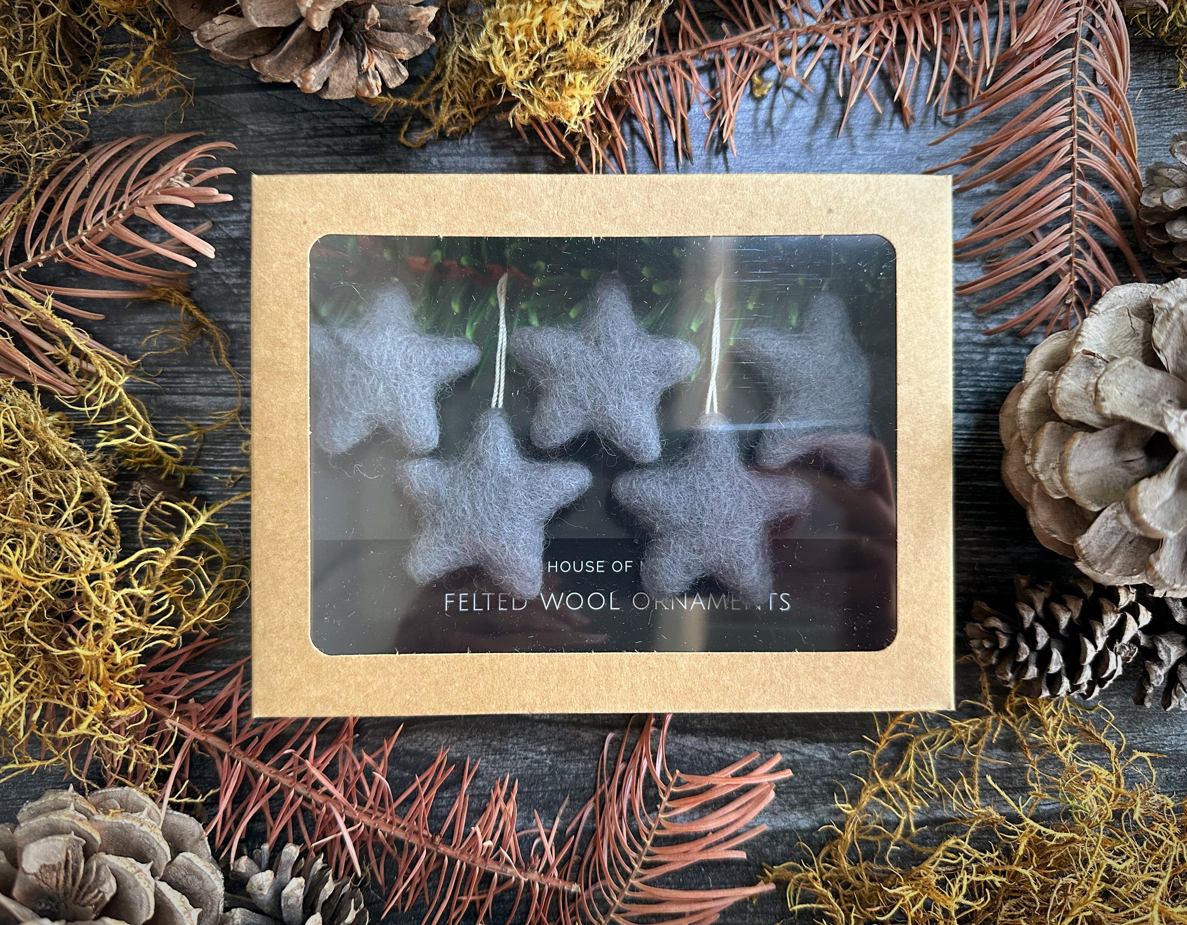 House of Moss wool star ornaments in Raincloud Blue for holiday decoration