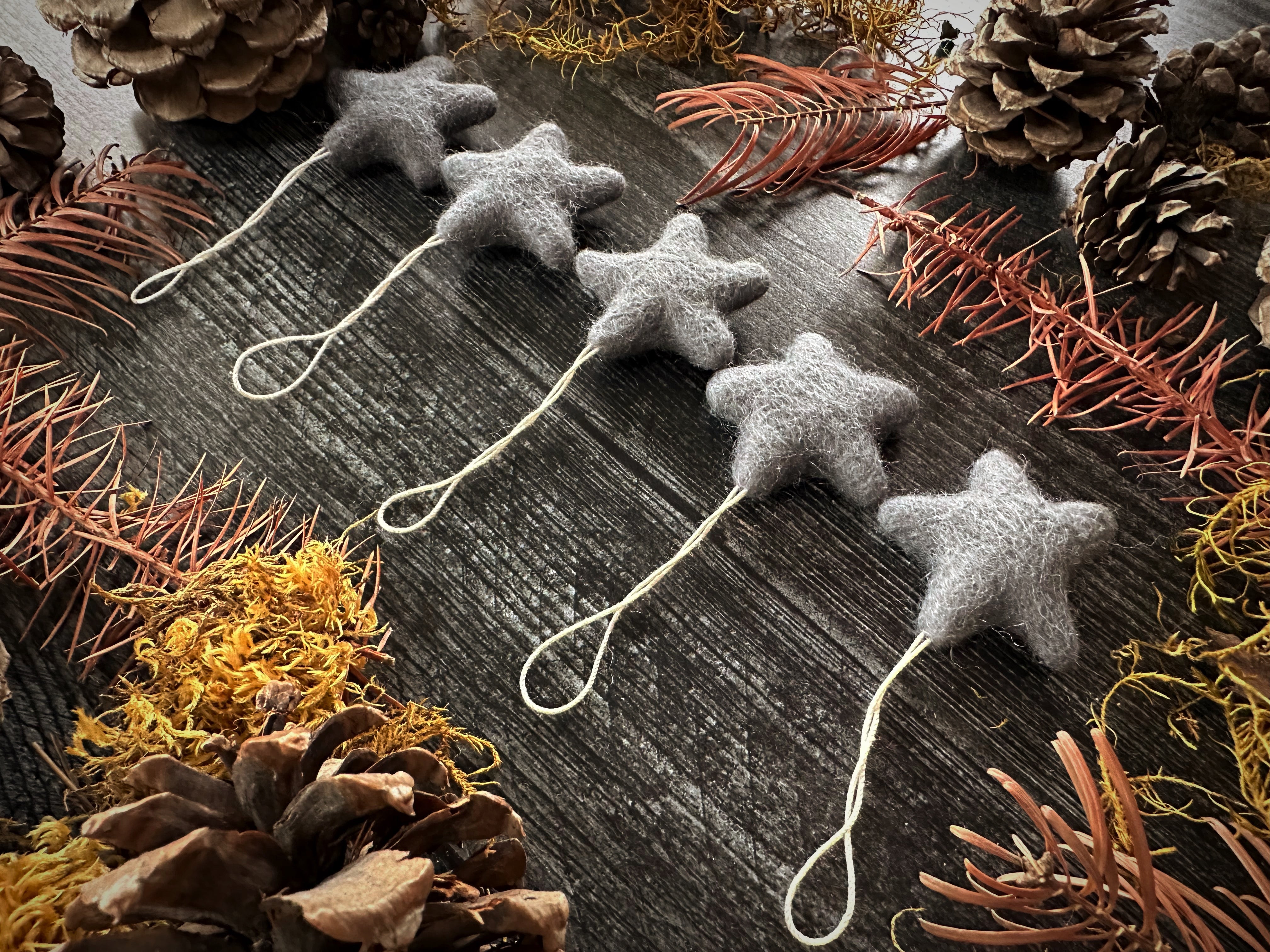 Close view of a needle-felted wool star ornament with cotton string loop