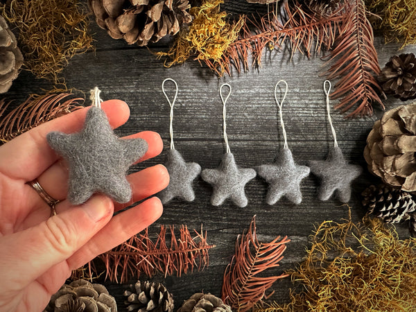 Raincloud Blue wool star ornaments from the House of Moss set of 5