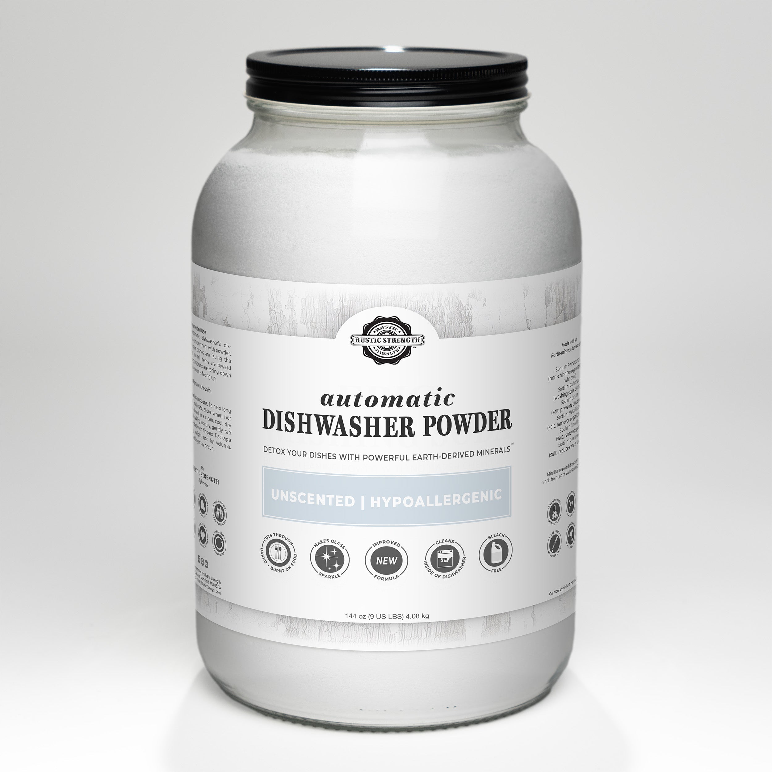 Dishwasher powder container with label on a white background