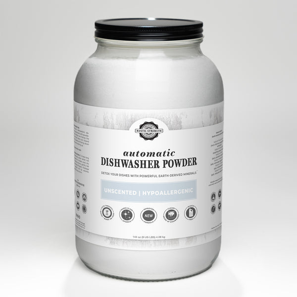 Dishwasher powder container with label on a white background