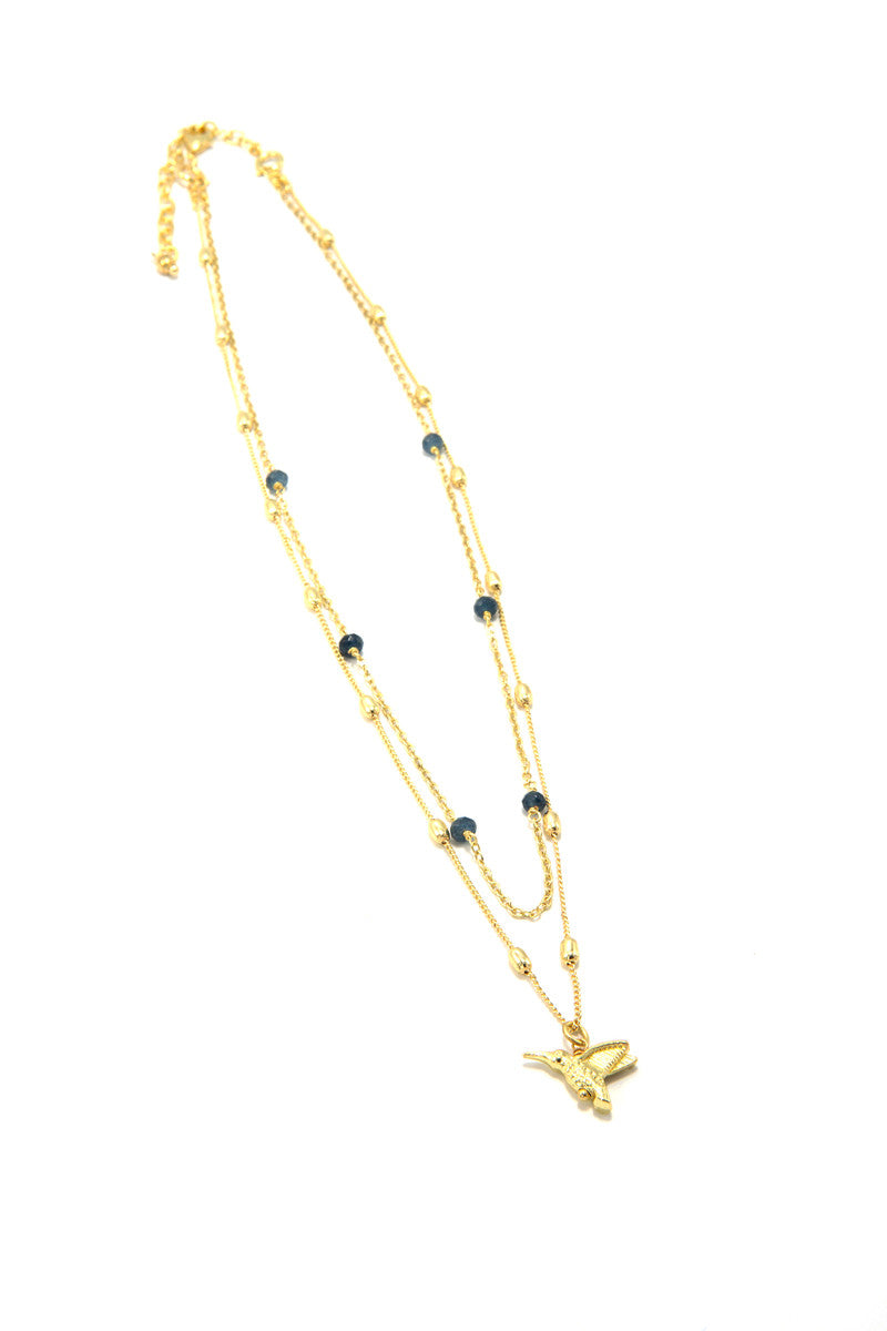 Close-up of lapis semi-precious stones on the convertible necklace by Fair Anita, ethically made in India