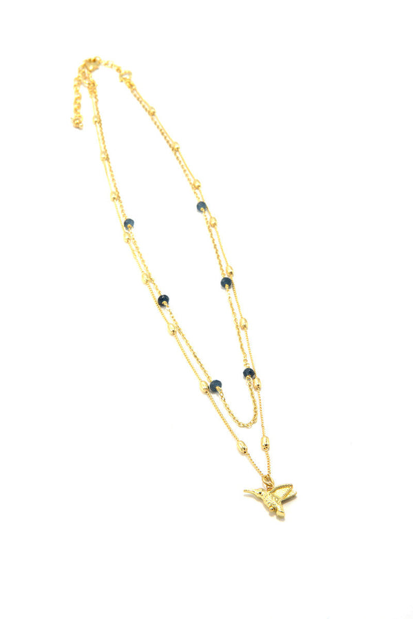 Close-up of lapis semi-precious stones on the convertible necklace by Fair Anita, ethically made in India