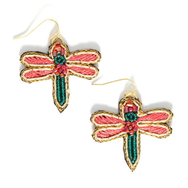 Fair Anita dragonfly beaded earrings handmade by women artisans in India, shown in full length view