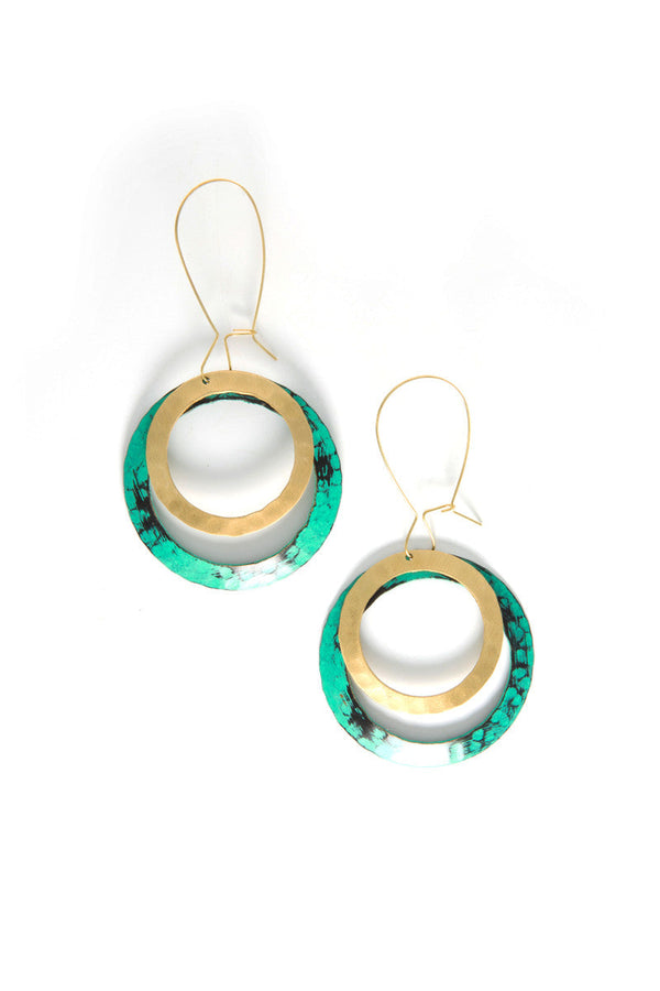 Cenote Pools Painted Drop Earrings in painted recycled brass, hanging 4 inches long with a 2-inch circular pendant, fair trade jewellery by Fair Anita