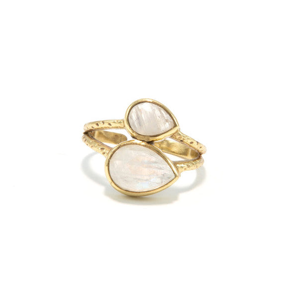 Moonstone Warrior Adjustable Brass Ring with semi-precious moonstone stone, handmade by Fair Anita women artisans in India