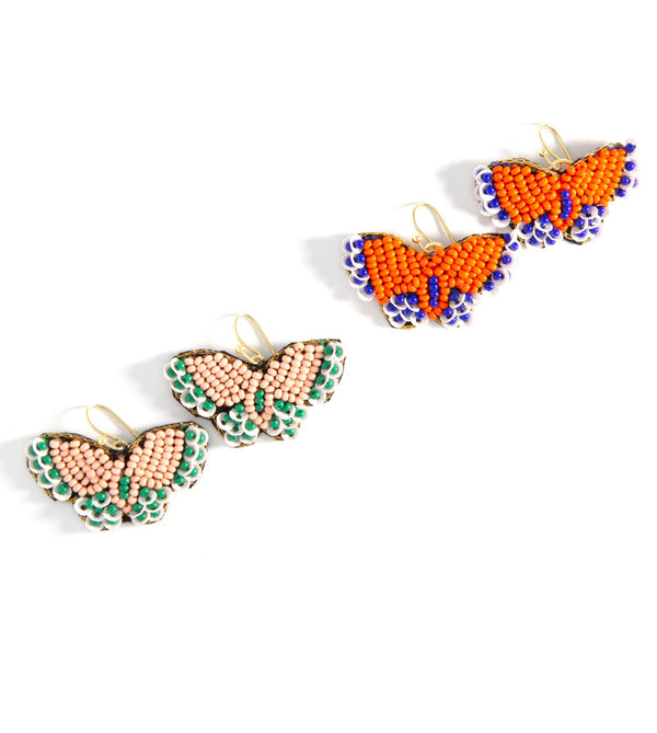 Hand beaded peach and teal butterfly earrings by Fair Anita, ethically made in India