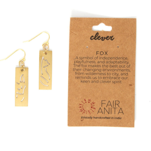 Close-up of nickel-free animal cut out earrings in gold-plated recycled brass
