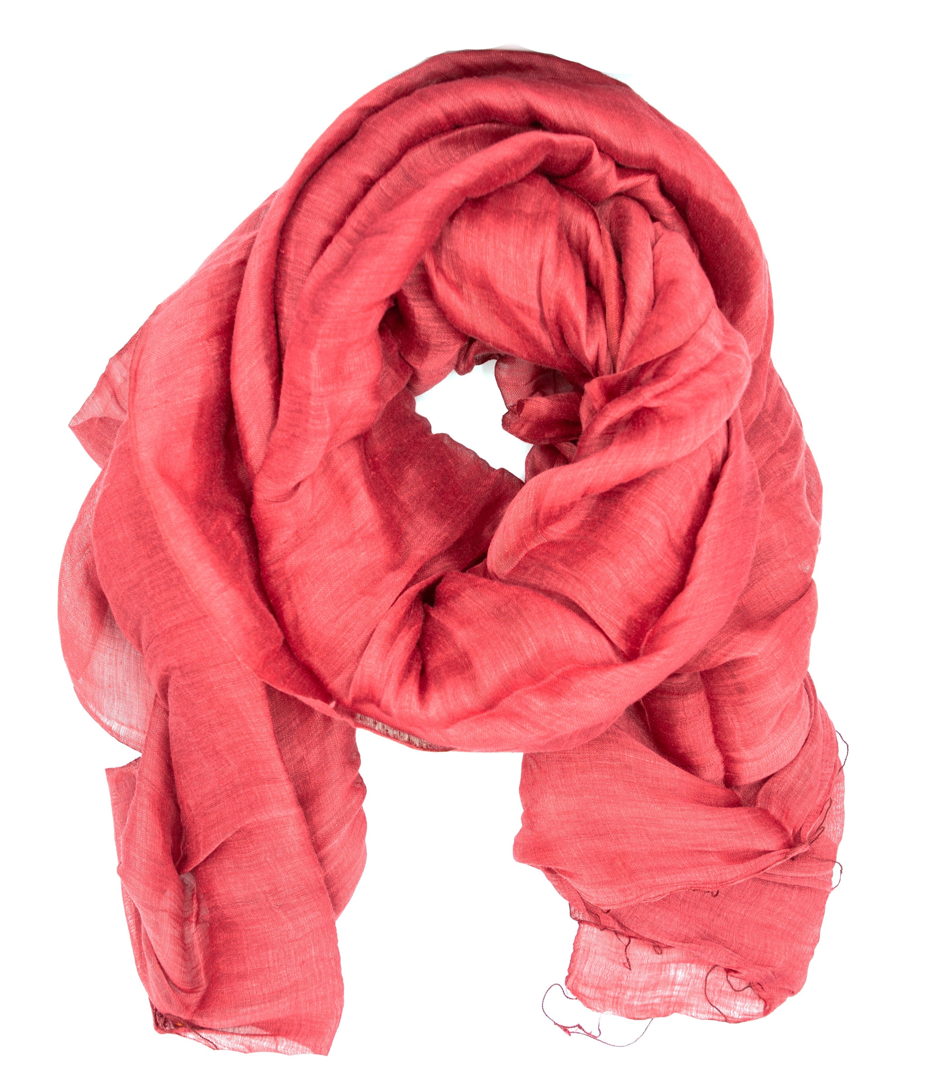 Red woven linen and silk scarf handmade in Vietnam by Fair Anita artisans, draped and styled