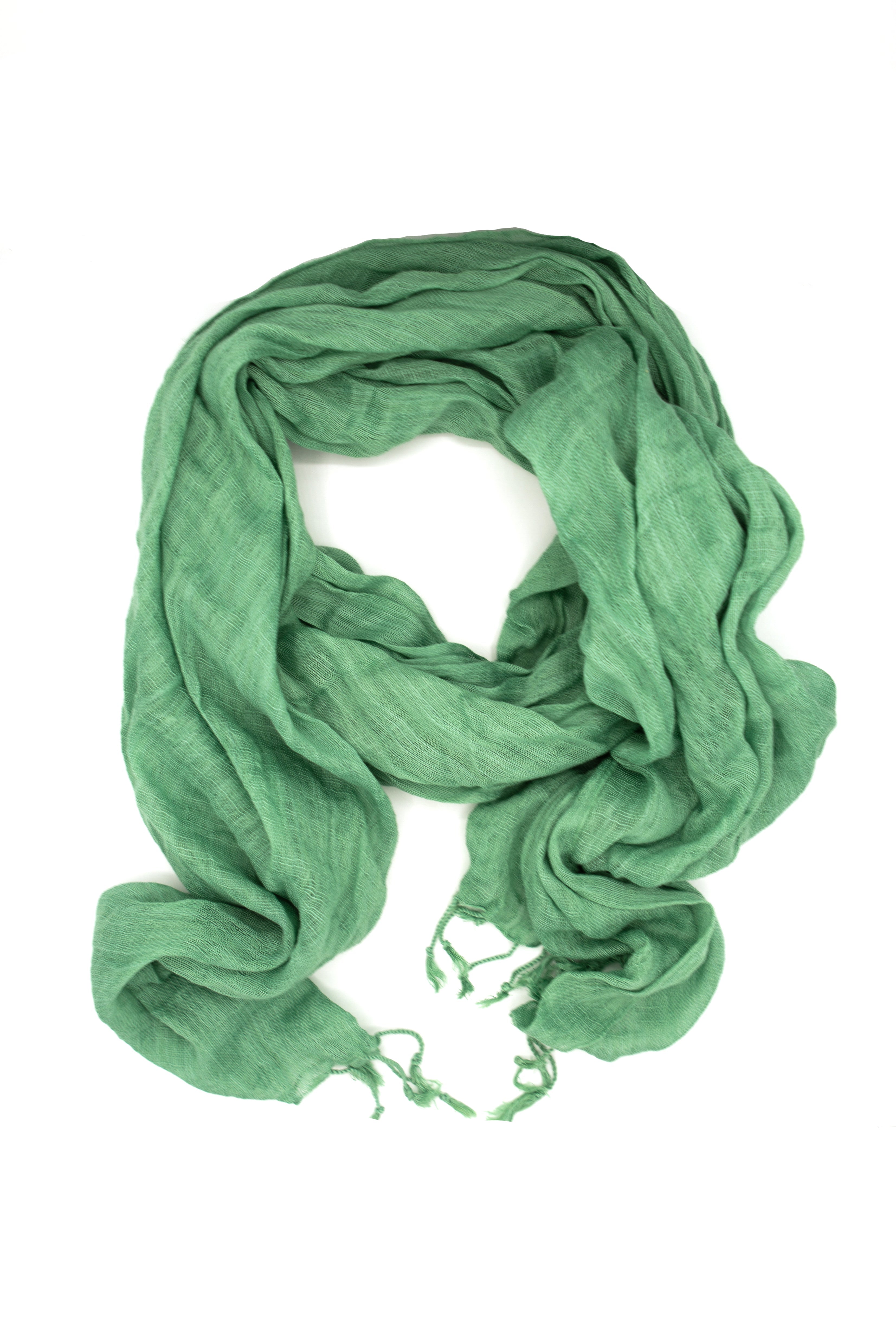 Fair Anita Woven Simplicity Scarf in jade green, 100% cotton handmade scarf draped and styled