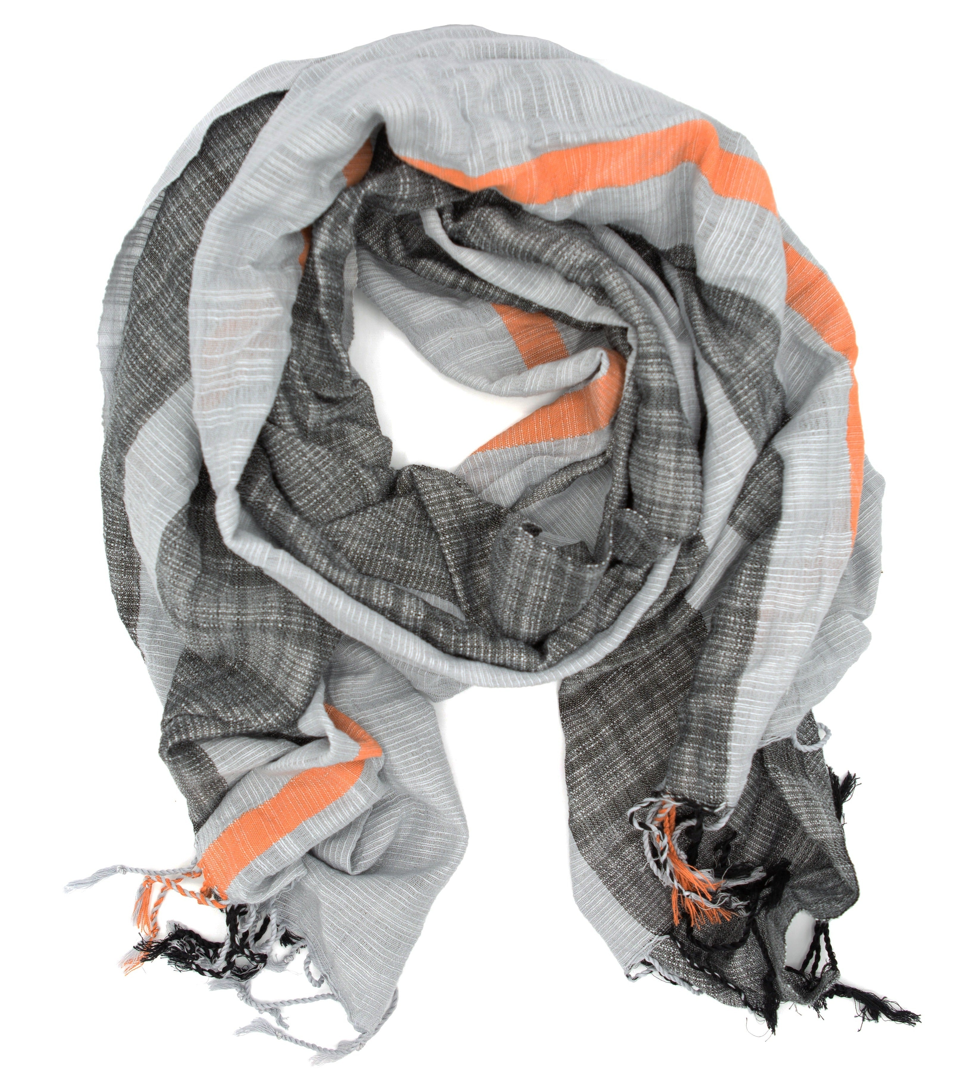 Fair Anita woven striped cotton scarf in graphite pop of color, draped and styled, handmade in Vietnam
