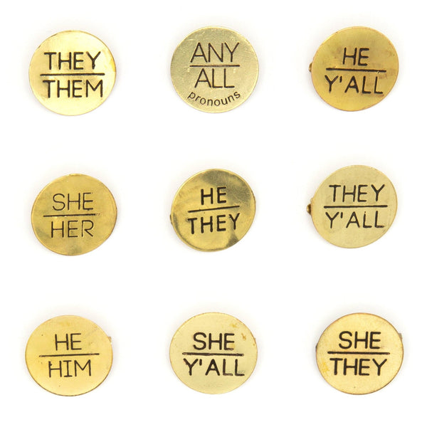 Recycled brass pronoun pins ethically handmade by women artisans in India – Fair Anita