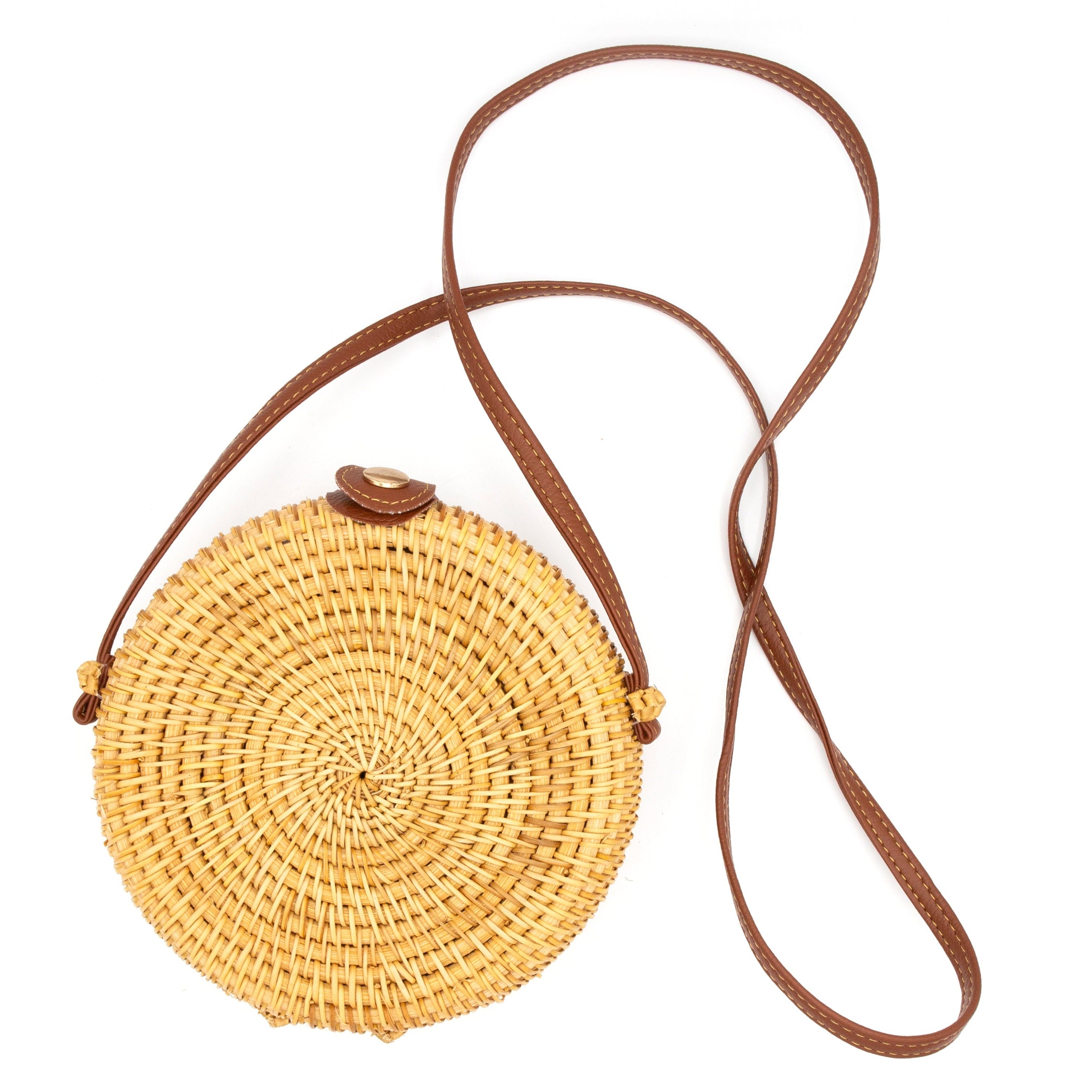 Handmade rattan round bag by Fair Anita, natural wicker crossbody with boho style