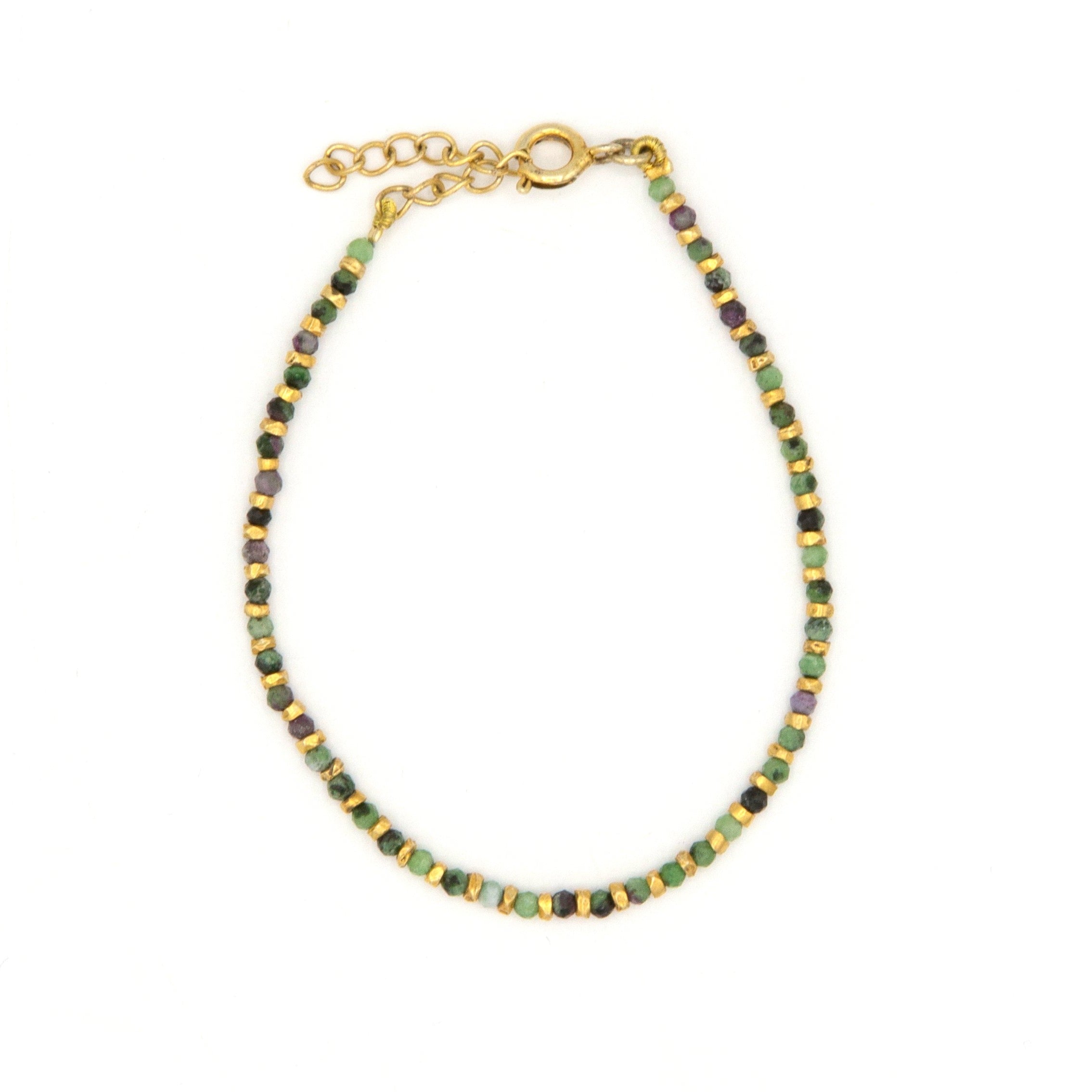 Restoration Dainty Beaded Bracelet with ruby zoisite semi-precious stones and brass hardware by Fair Anita