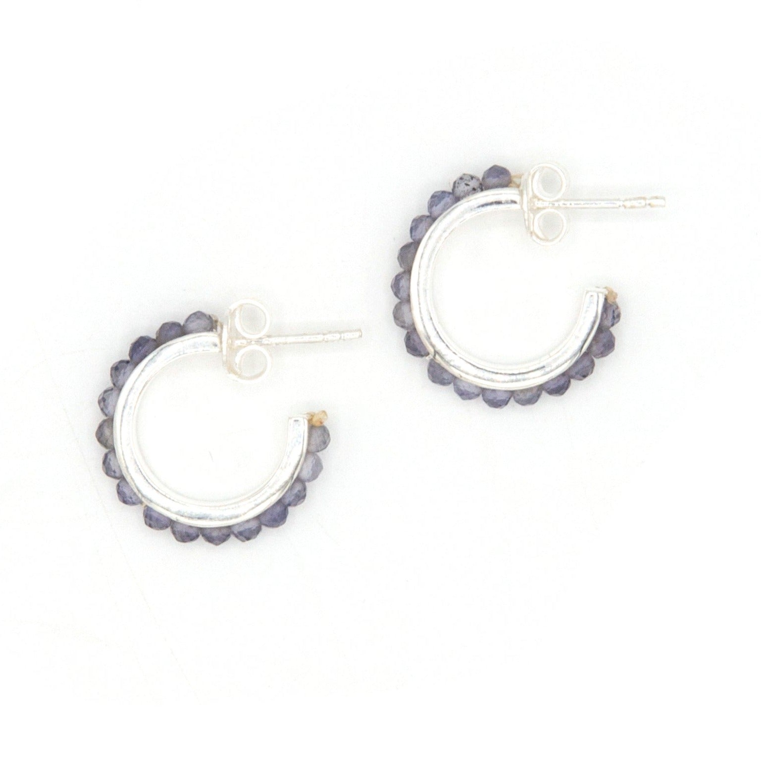 Iolite stone sterling silver hoop earrings on model, fair trade nickel-free jewellery by Fair Anita