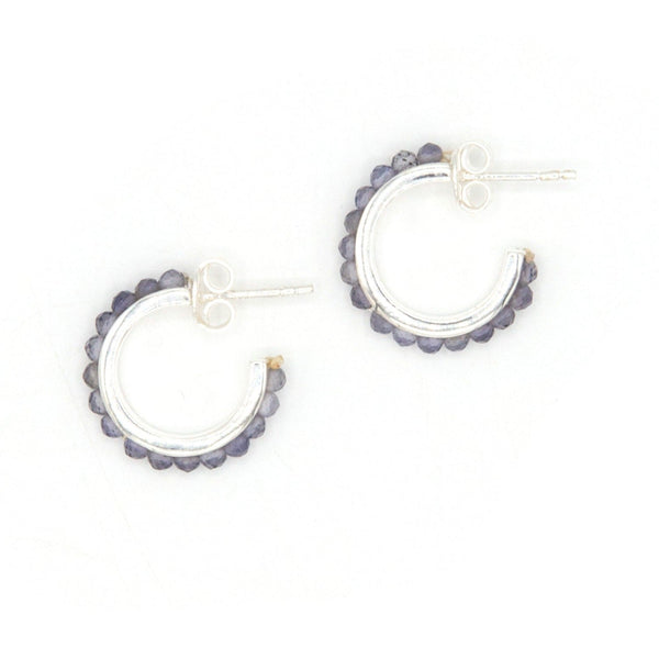 Iolite stone sterling silver hoop earrings on model, fair trade nickel-free jewellery by Fair Anita
